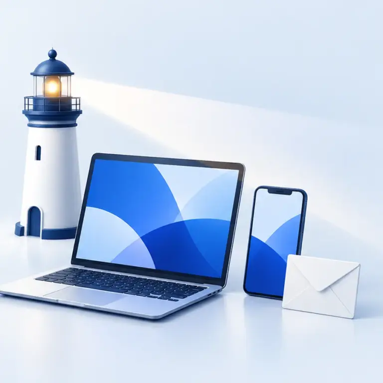 Illustration eines kleinen Leuchtturms, dessen Licht über Laptop, Smartphone und E-Mail wacht